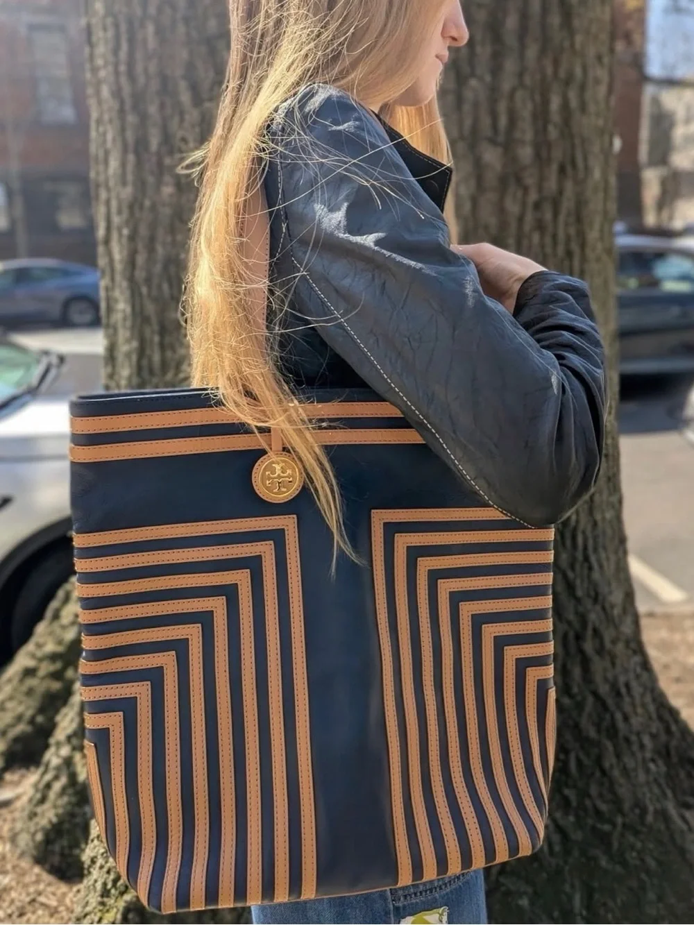 Tory Burch Navy and Tan Geometric Stripe Leather Tote